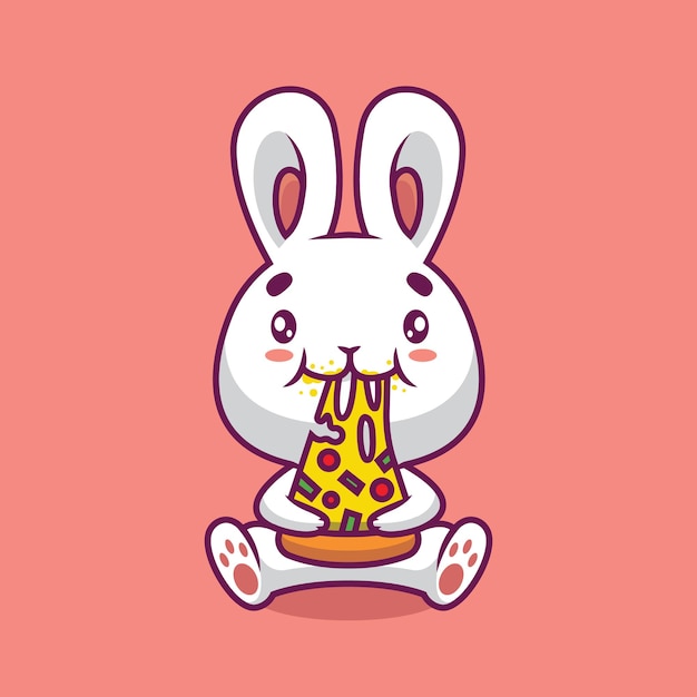 ピザ漫画イラストを食べるかわいいウサギ プレミアムベクター