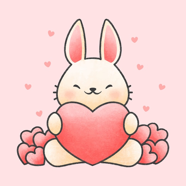 Premium Vector Cute Rabbit Hugging Heart Cartoon Hand Drawn Style 