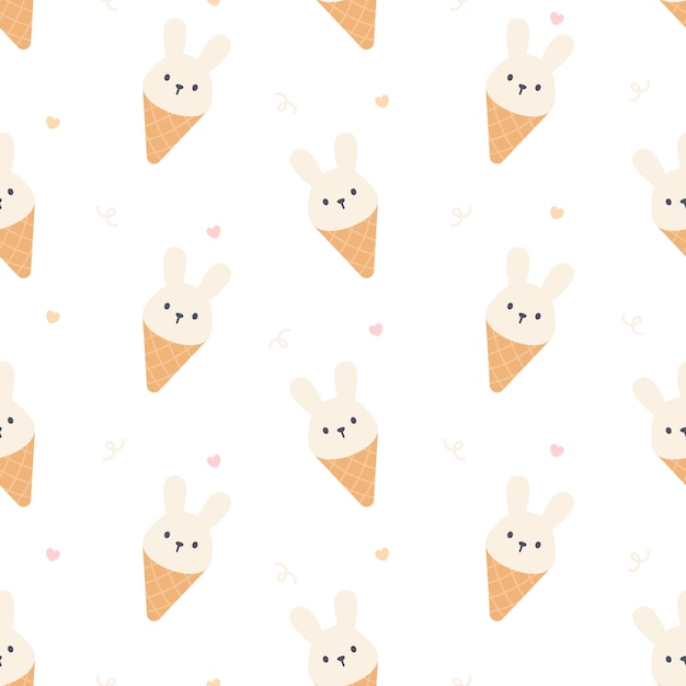 かわいいウサギのアイスクリームのシームレスな繰り返しパターン 壁紙の背景 かわいいシームレスパターン背景 プレミアムベクター