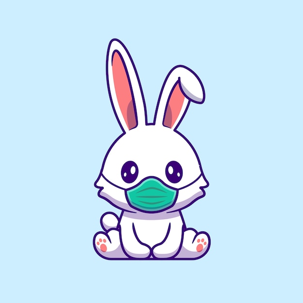 マスク漫画アイコンイラストを身に着けているかわいいウサギ 分離された動物の健康なアイコンの概念 フラット漫画スタイル プレミアムベクター
