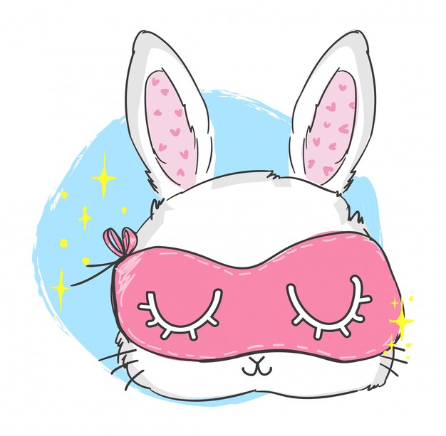 睡眠用マスク付きのかわいいウサギ 手描きイラスト プレミアムベクター