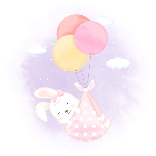風船でかわいいウサギ手描き下ろし新生児イラスト プレミアムベクター