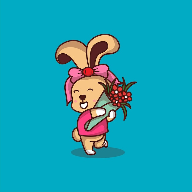 Premium Vector Cute Rabbit With Flowers Cartoon Illustration