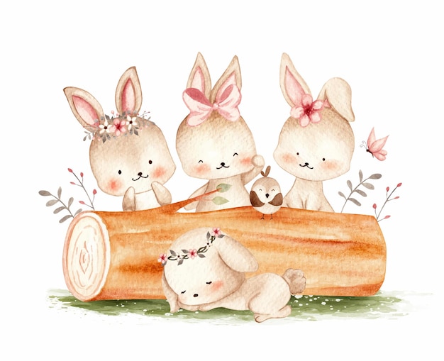 かわいいウサギの水彩イラスト プレミアムベクター