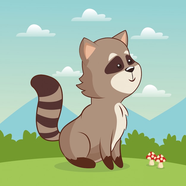 Download Cute raccoon animal baby with landscape Vector | Premium ...