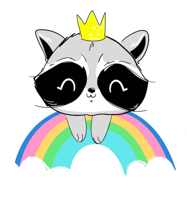 Download A cute raccoon in a crown sits on a rainbow. | Premium Vector