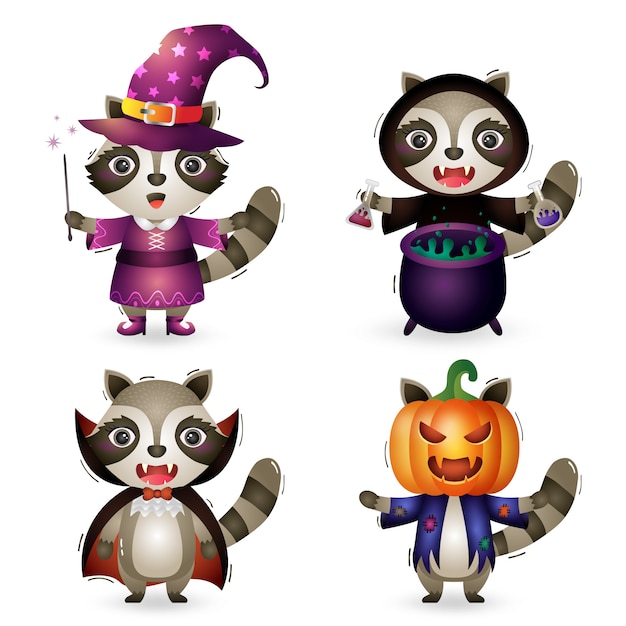 コスチュームハロウィンキャラクターコレクションのかわいいアライグマ プレミアムベクター