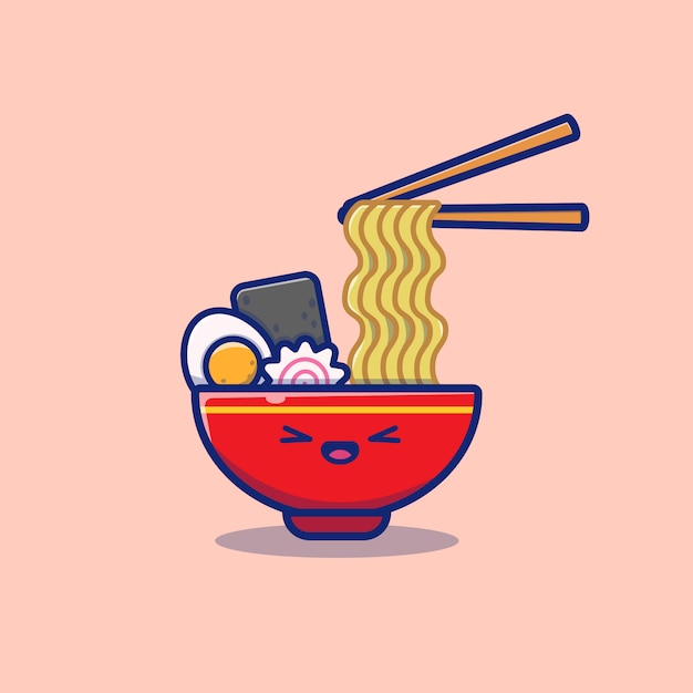 かわいいラーメン麺漫画アイコンイラスト 分離された食品麺アイコンコンセプト フラット漫画スタイル プレミアムベクター