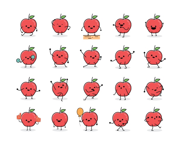 フラットなデザインスタイルのかわいい赤いリンゴのマスコットキャラクター プレミアムベクター