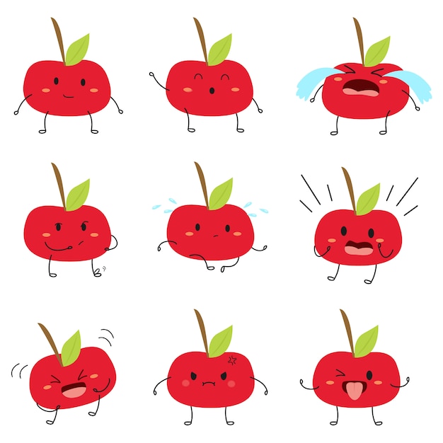 プレミアムベクター 面白い表現セットでかわいい赤いリンゴの漫画のキャラクター