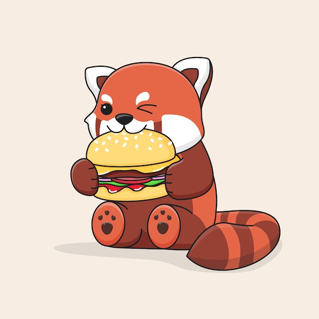 Premium Vector | Cute red panda eating burger