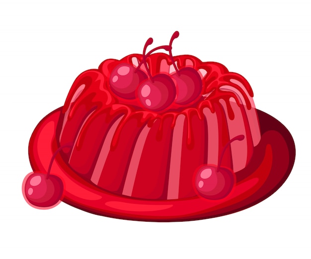 プレートフルーツゼラチンデザートにかわいい赤い透明なチェリーゼリーパイ飾られた白い背景のwebサイトページとモバイルアプリの桜のイラスト プレミアムベクター