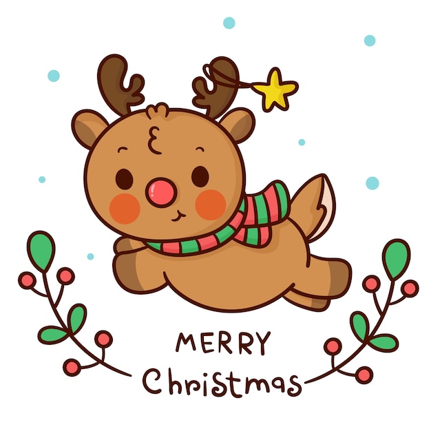 Premium Vector Cute reindeer cartoon with christmas flower kawaii animal