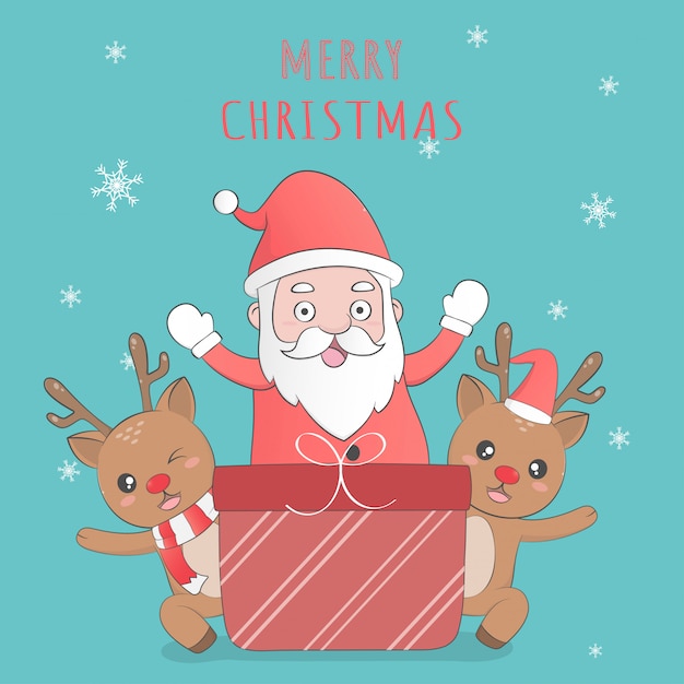 Premium Vector | Cute reindeer and santa claus merry christmas