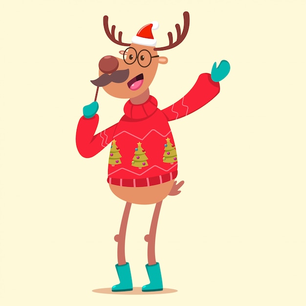 Cute reindeer in an ugly christmas sweater cartoon funny character