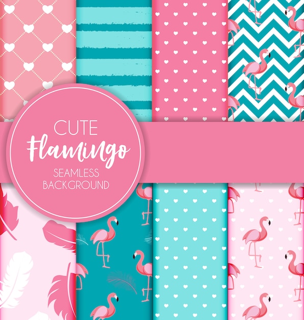 Cute retro seamless flamingo pattern collection set Premium Vector