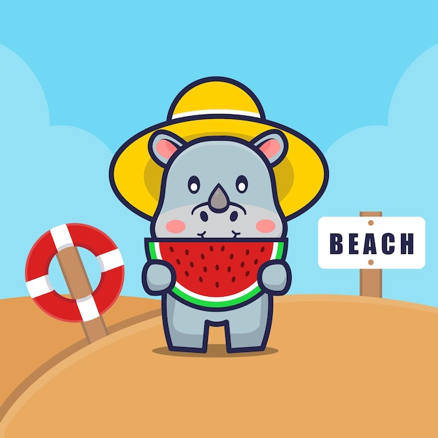 Premium Vector | Cute rhino eat watermelon on the beach cartoon