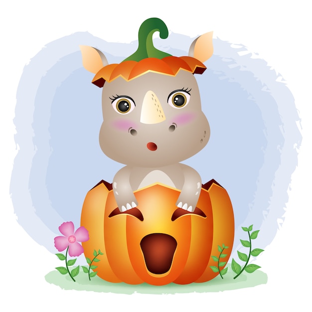 Premium Vector | A cute rhino in the halloween pumpkin