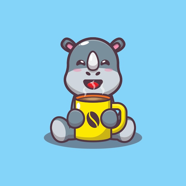 Premium Vector | Cute rhino with hot coffee cartoon vector illustration