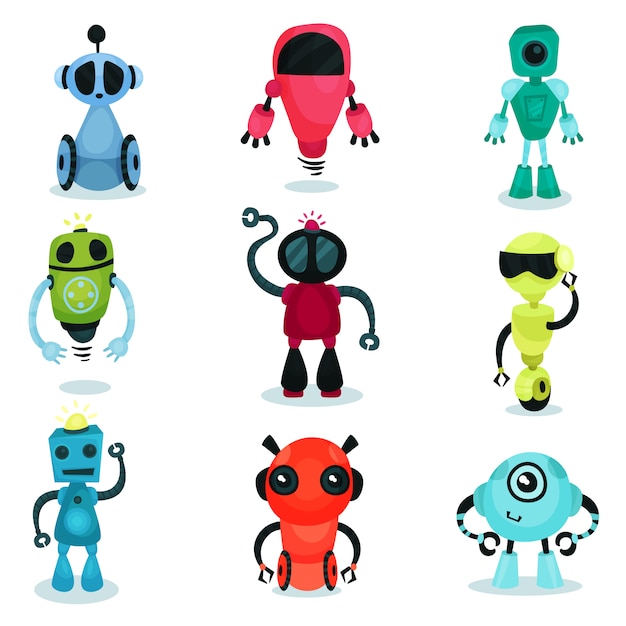 様々な形や色のかわいいロボットキャラクターが漫画イラストを設定 プレミアムベクター