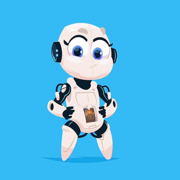 かわいいロボット少女幸せ笑顔青い背景に分離アイコン現代の技術人工知能 プレミアムベクター