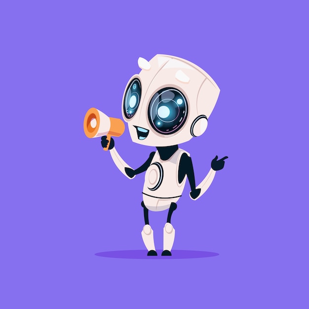 Cute robot hold megaphone isolated icon on blue background modern technology artificial intelligence Premium Vector