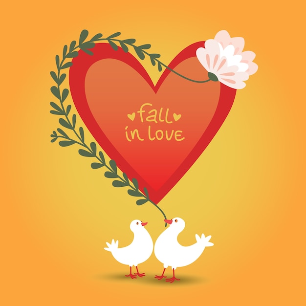 赤いハートの花と2つの鳩のイラストとバレンタインデーのかわいいロマンチックな愛のカード 無料のベクター