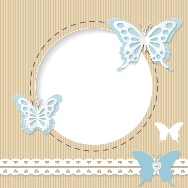  Cute  round  frame  with paper cut butterflies on cardboard 