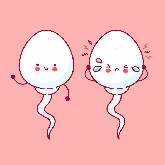 かわいい悲しい病気と幸せな面白い精子細胞 フラットライン漫画かわいいキャラクターイラストアイコン 受精の概念 プレミアムベクター