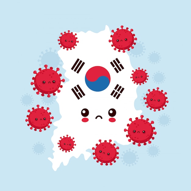 かわいい悲しい韓国がコロナウイルス感染を攻撃しました フラットスタイル漫画キャライラスト プレミアムベクター