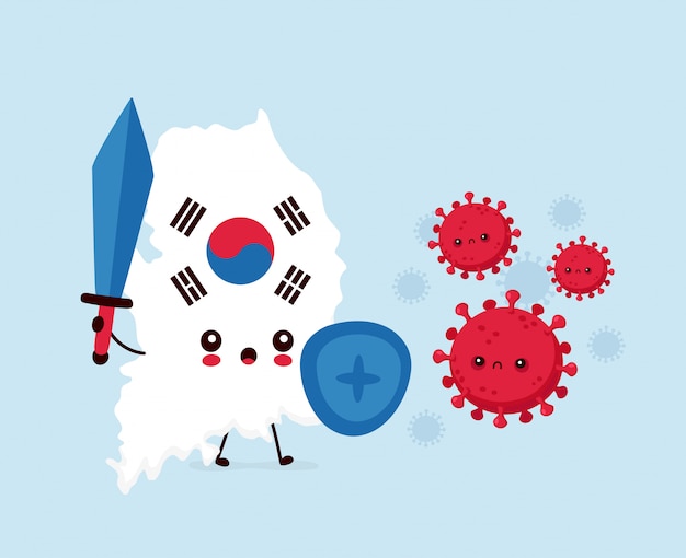 かわいい悲しい韓国がコロナウイルス感染と戦う フラットスタイル漫画キャライラスト プレミアムベクター