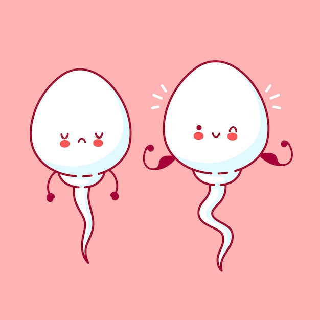 かわいい悲しい不健康で幸せな強い面白い精子細胞 ライン漫画かわいいキャラクターイラストアイコン 受精コンセプト プレミアムベクター