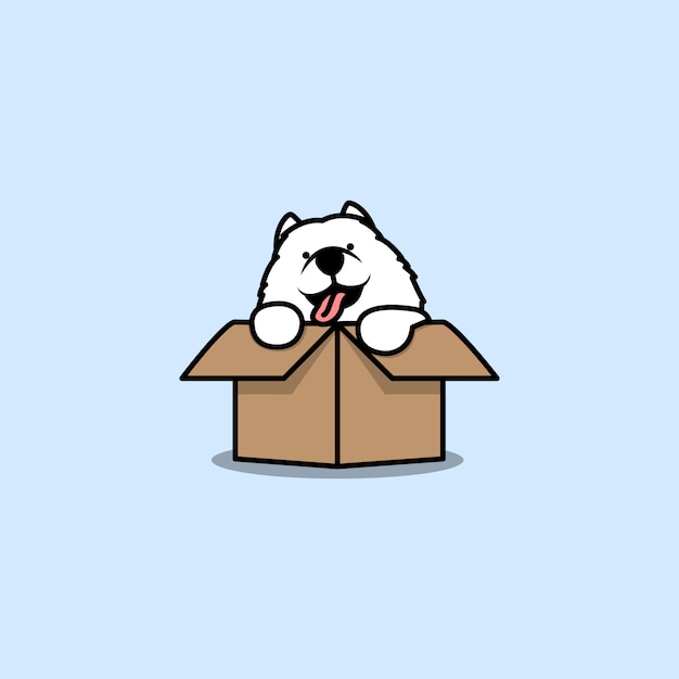 プレミアムベクター ボックス漫画アイコンでかわいいサモエド子犬