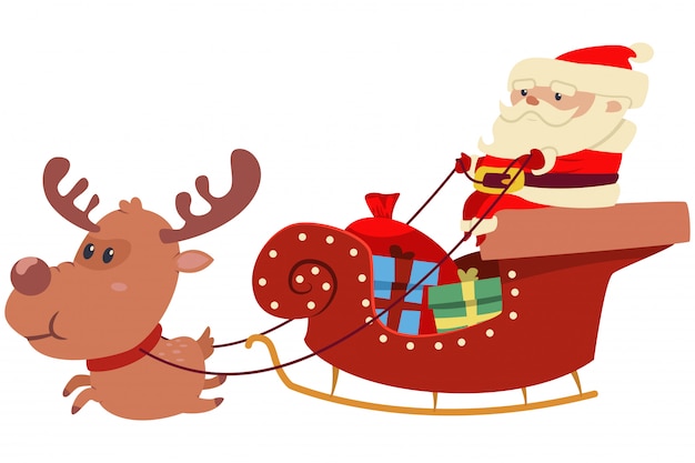 プレミアムベクター クリスマスのトナカイ 袋 ギフトボックスとそりでかわいいサンタクロース 分離されたベクトル漫画イラスト