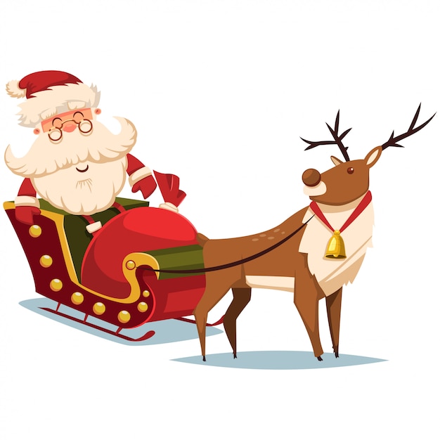 Download Premium Vector | Cute santa claus in a sleigh with reindeer and gift sack. vector christmas ...