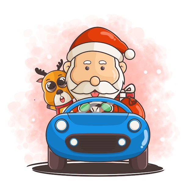 Premium Vector | Cute santa claus with deer driving the car illustration