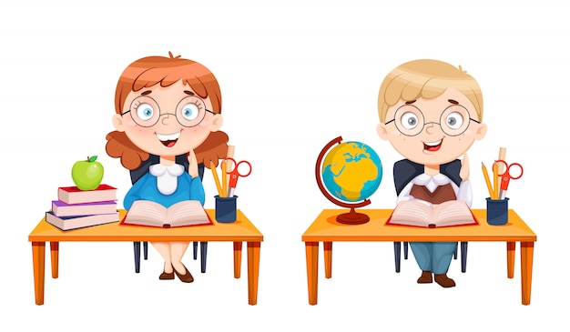 Premium Vector | Cute schoolgirl and schoolboy sitting at desks