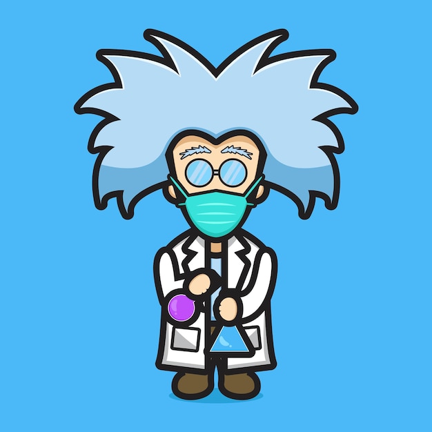 マスク実験危険な化学漫画ベクトルアイコンイラストを身に着けているかわいい科学者のキャラクター 科学技術アイコンの概念分離ベクトル フラット漫画スタイル プレミアムベクター