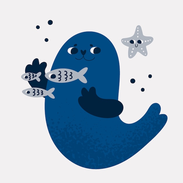 かわいい海の動物キャラクター オットセイ 魚 ヒトデ プレミアムベクター