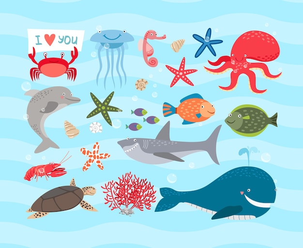 かわいい海の動物イラストセット 無料のベクター