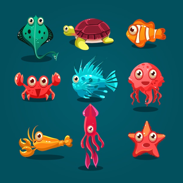 Premium Vector | Cute sea life creatures cartoon animals set