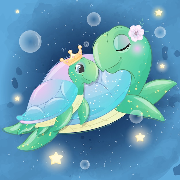 Premium Vector | Cute sea turtle mother and baby