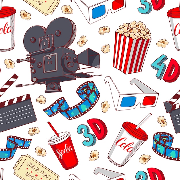 Premium Vector Cute Seamless Background Of Cinema Attributes Hand Drawn Illustration