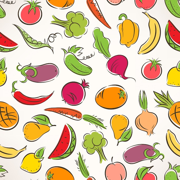 様式化された果物と野菜でかわいいシームレスな色付きの背景 プレミアムベクター