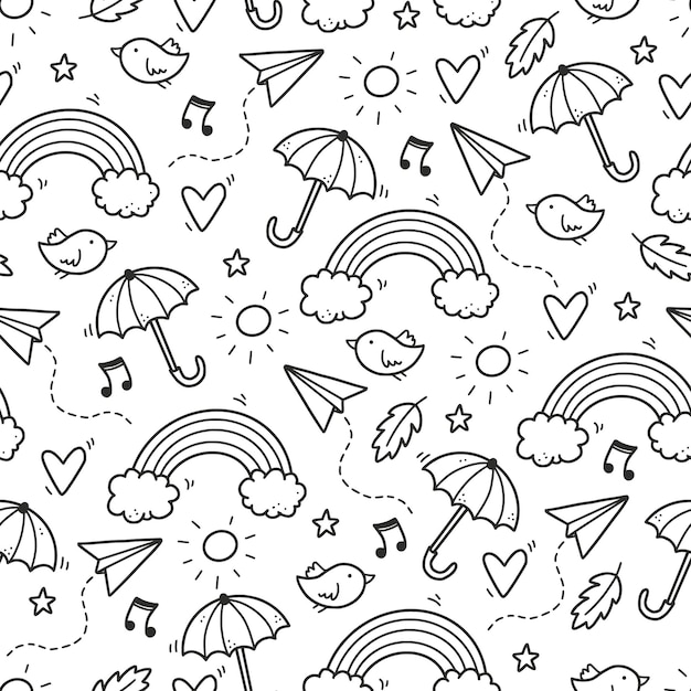 雲 虹 傘 太陽 星の要素とかわいいシームレスな落書きパターン 手描きの線の子供たちのスタイル 落書き背景ベクトルイラスト プレミアムベクター