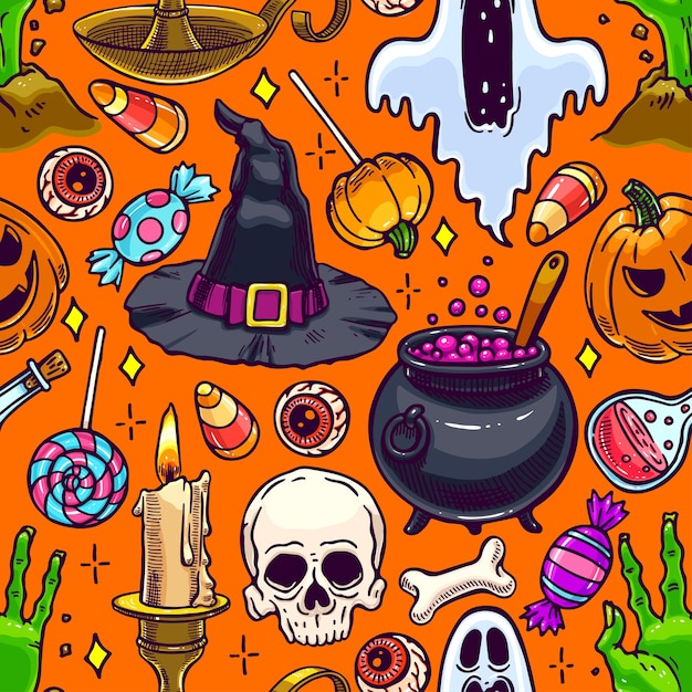 魔法の属性とキャンディーのかわいいシームレスなハロウィーンのパターン 手描きイラスト プレミアムベクター