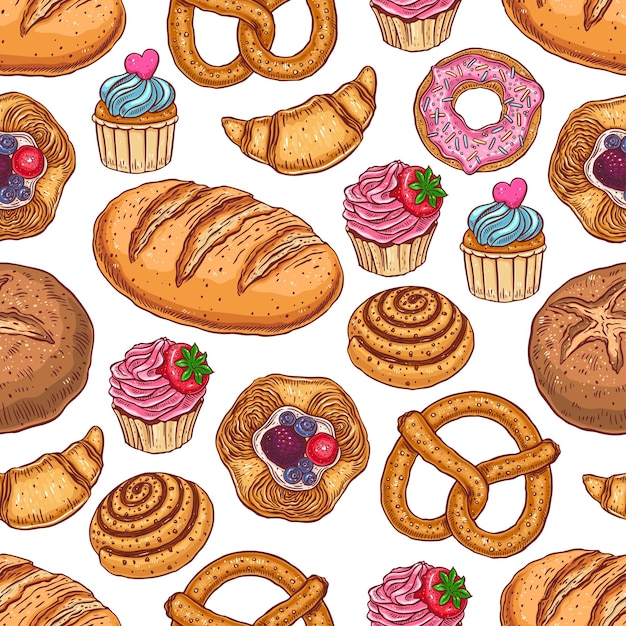 Premium Vector | Cute seamless pattern of various pastries. hand-drawn ...