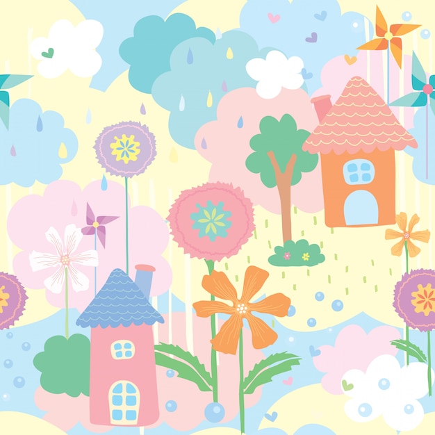 プレミアムベクター 家 花 木のかわいいシームレスパターンの壁紙は パステルカラーの自然の背景に風車で飾られています