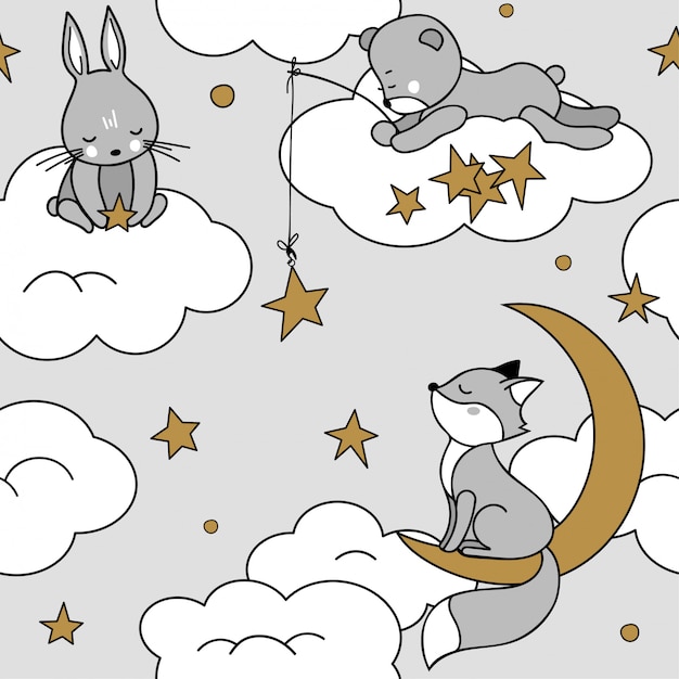 Cute seamless pattern with animals on the clouds. fox, bear, hare. Premium Vector