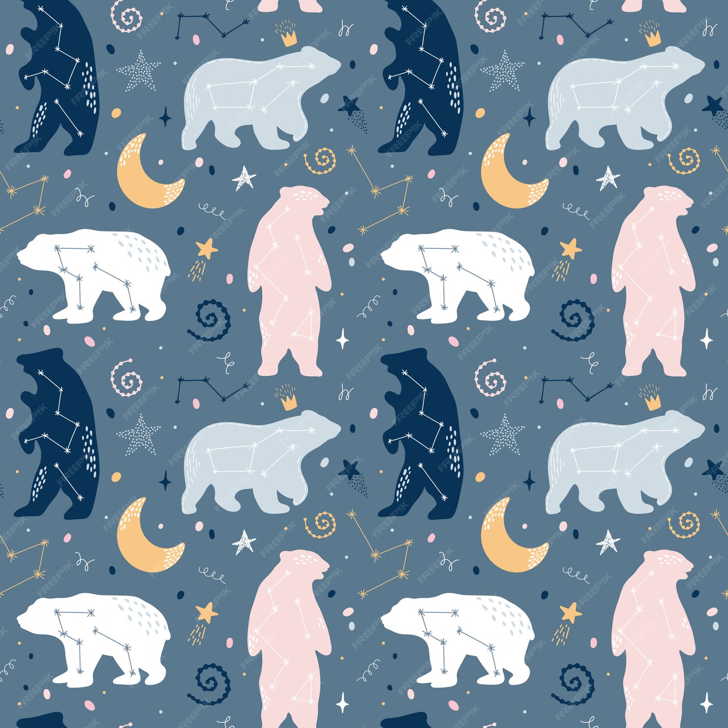 Premium Vector | Cute seamless pattern with bears constellations on the sky